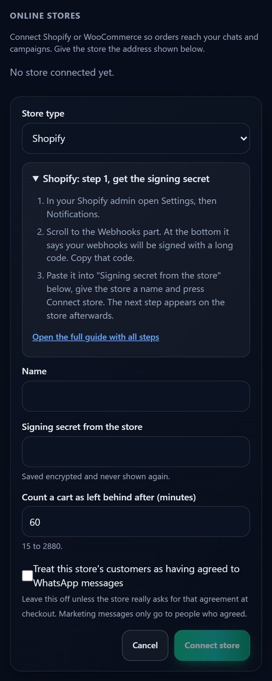 Shopify step 1 on a phone, inside the Connect a store form