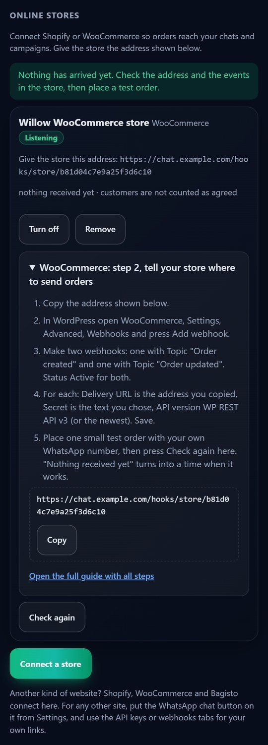 WooCommerce step 2 on a phone with the address and Copy button