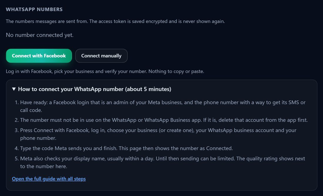 Settings, Numbers in Threadline Chat: the Connect with Facebook and Connect manually buttons and the how-to-connect guide