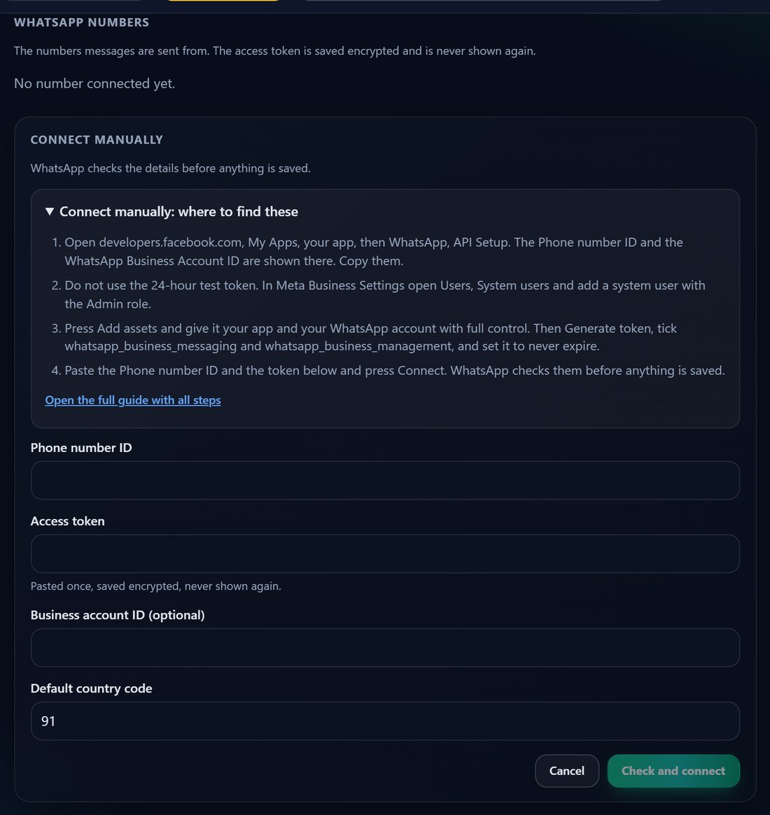 The Connect manually form in Threadline Chat with the Phone number ID and access token boxes, and the where-to-find-these guide above them