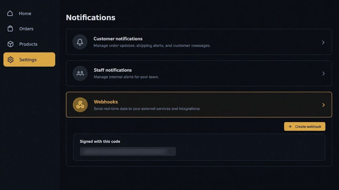 Illustration of the Notifications page in a store admin: the Webhooks part with the code your webhooks are signed with, and the Create webhook button