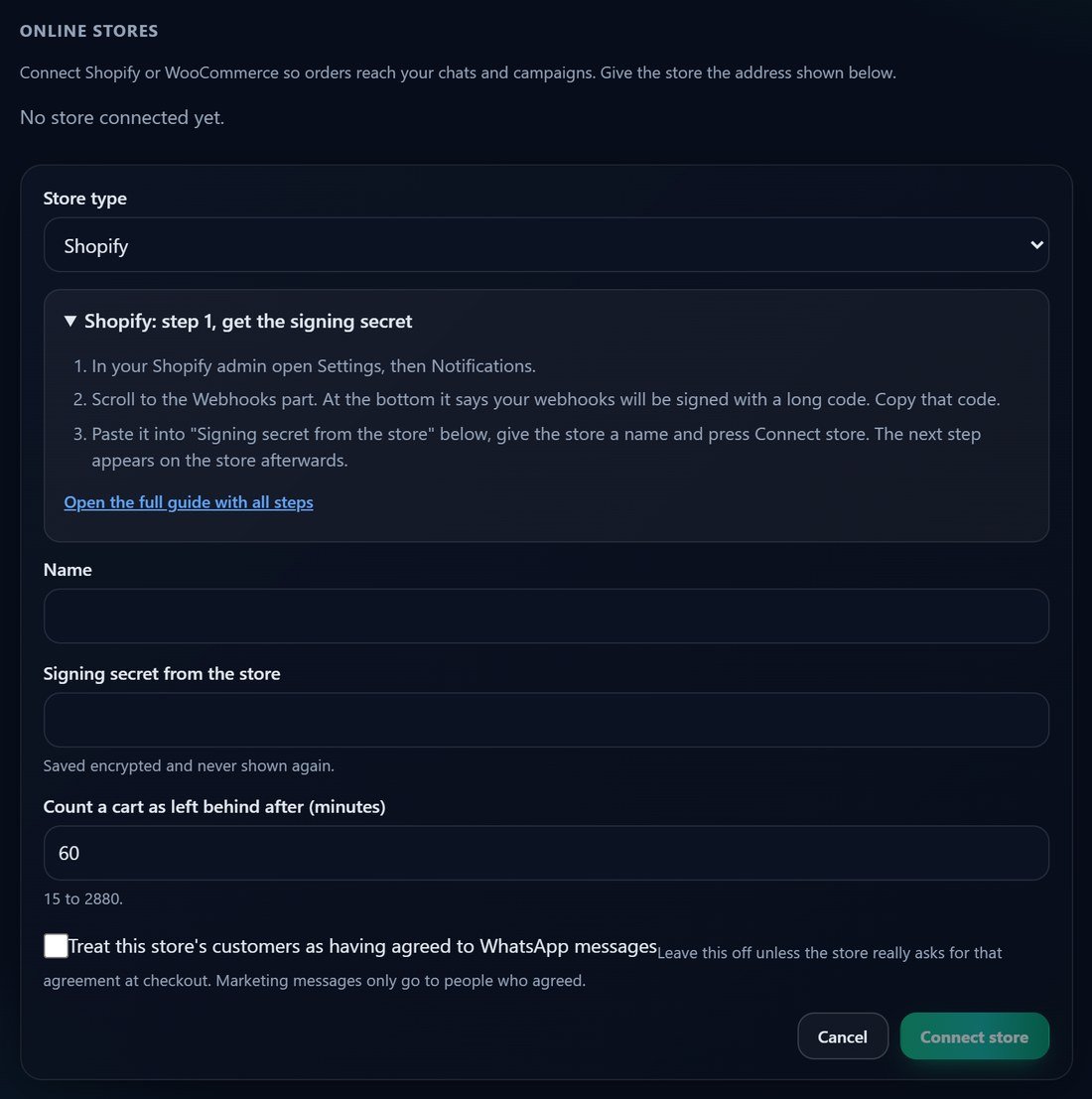 The Connect a store form in Threadline Chat with the Shopify step 1 guide above the name and signing secret boxes