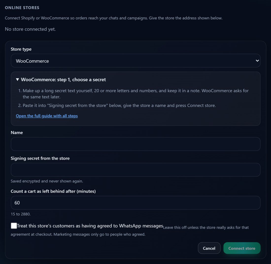The Connect a store form in Threadline Chat with the WooCommerce step 1 guide