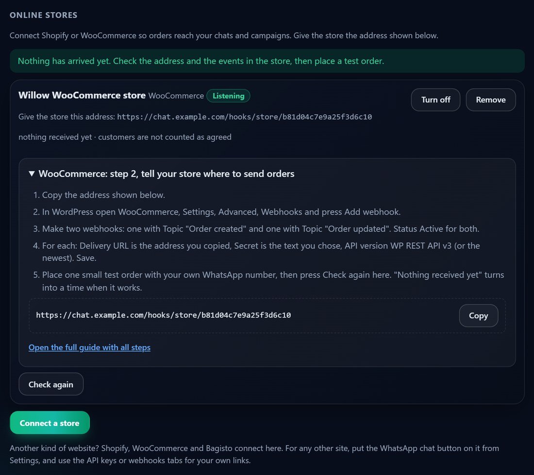 A connected WooCommerce store in Threadline Chat with the address to copy, the two webhook topics to add and a Check again button