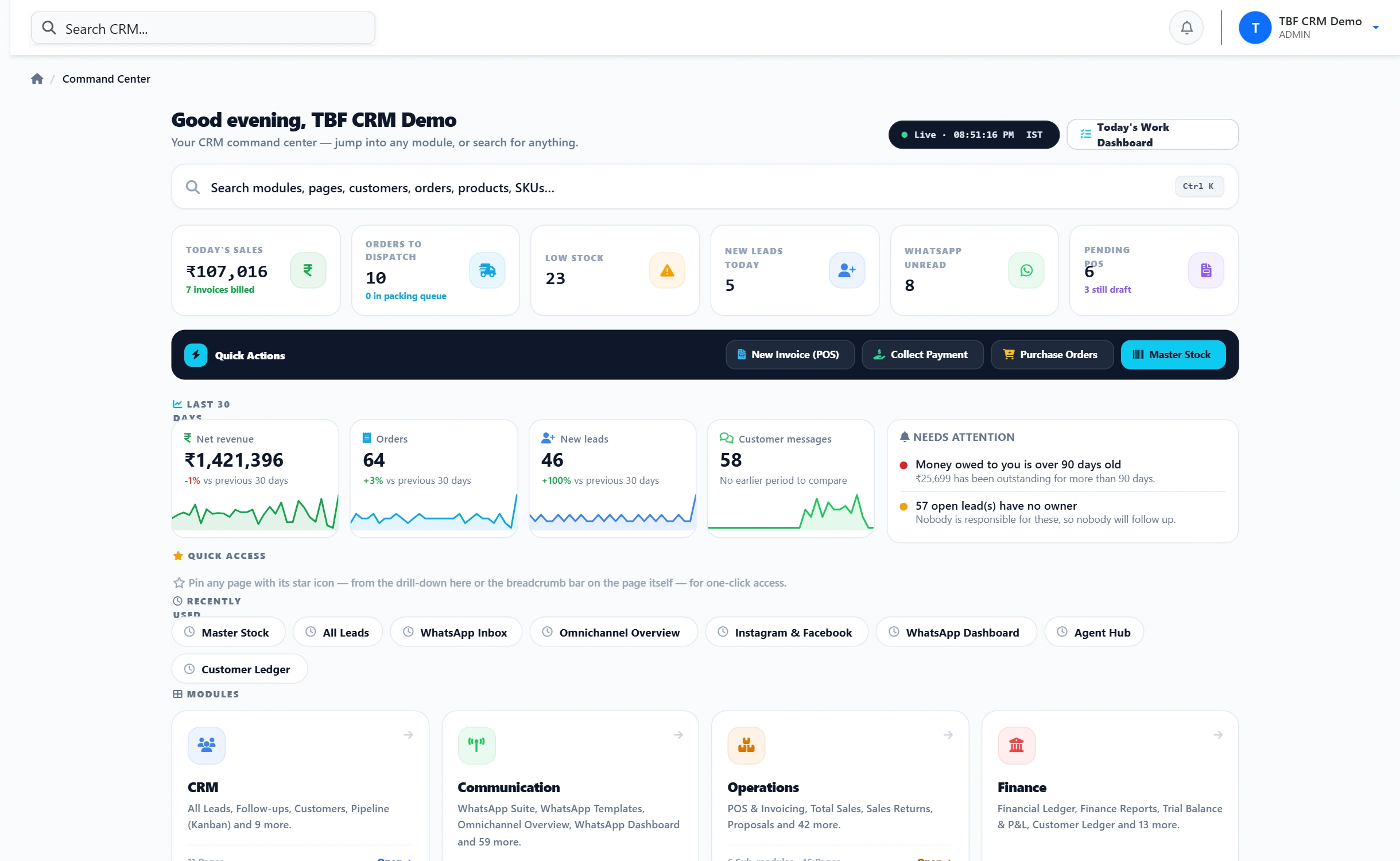 TBFCRM Command Center: Everything today, on one screen