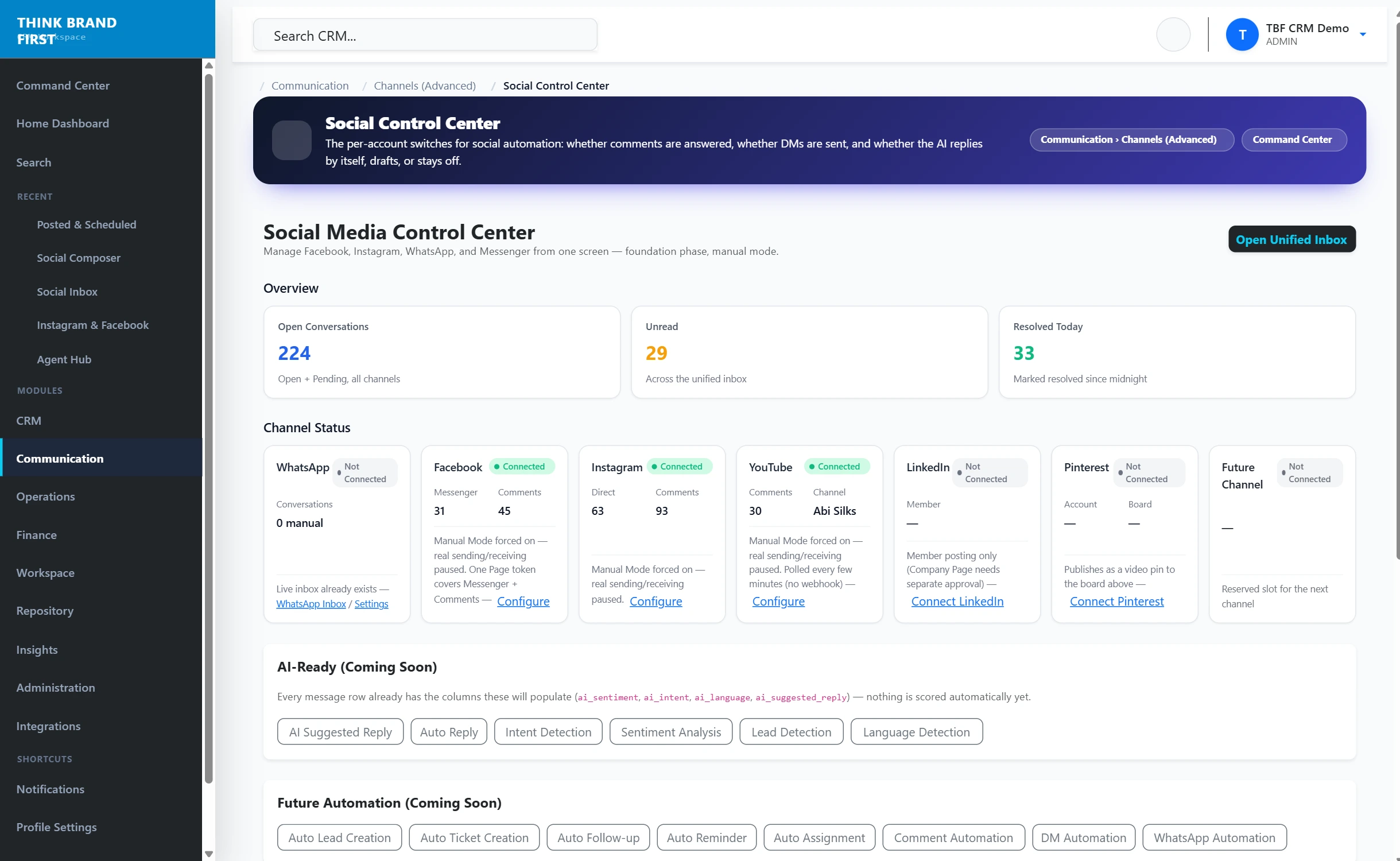TBFCRM Control Center: Every account, and whether it is healthy