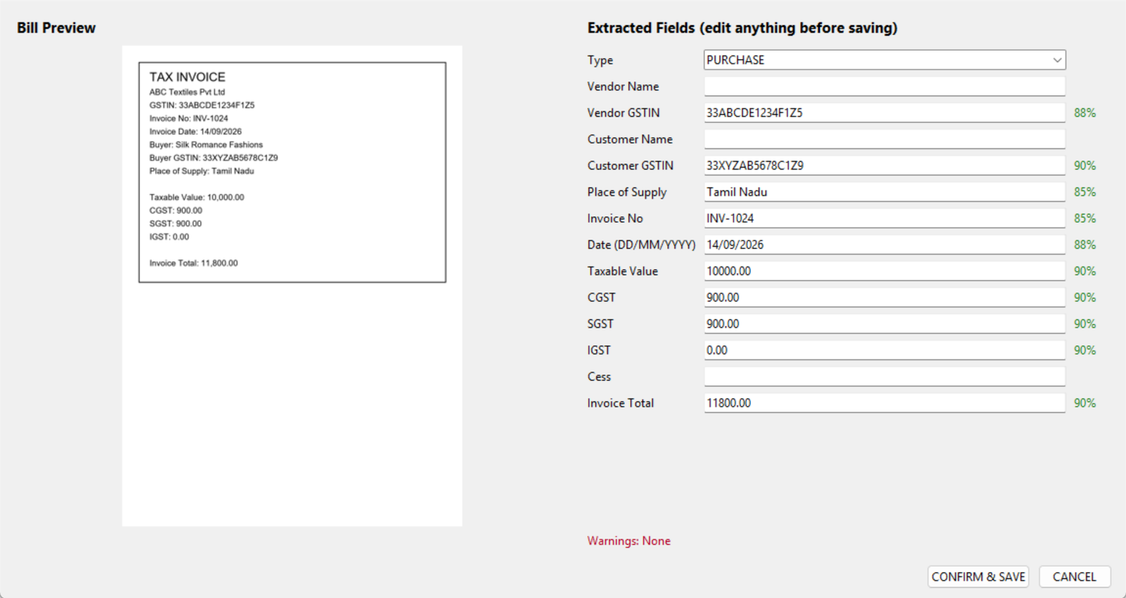 TBF GST Bill Tracker verification screen showing a bill beside editable extracted GST fields