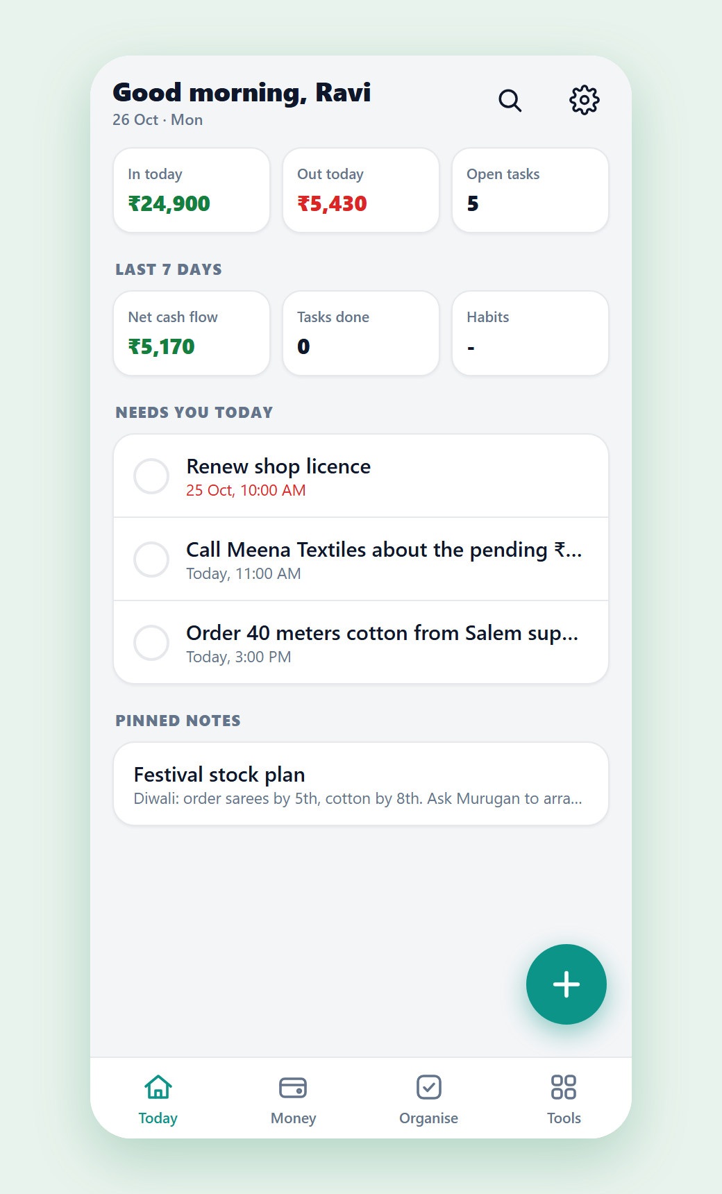 TBF Assist: today screen with tasks and notes (sample data)