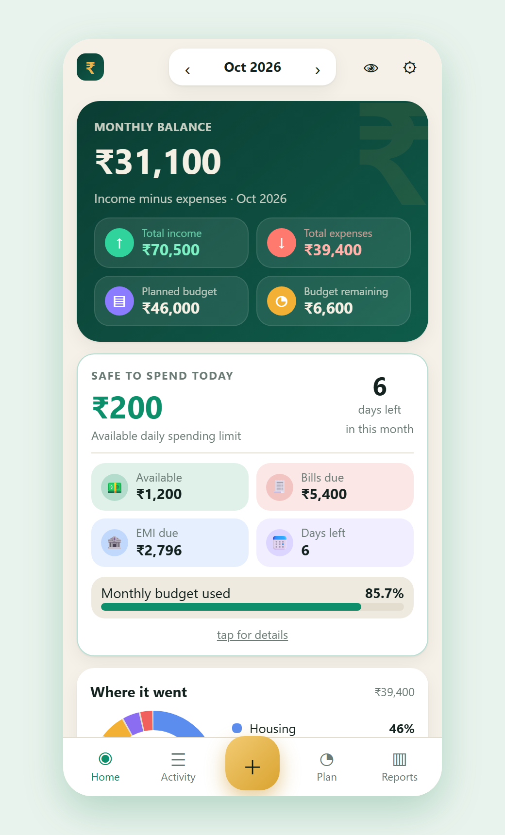 TBF Money: monthly balance and safe to spend (sample data)