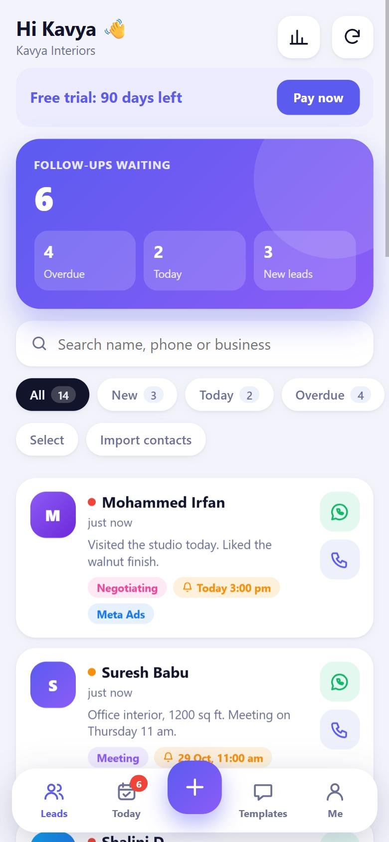 TBF Leads home screen: follow-ups waiting, overdue, today, new leads and the lead list
