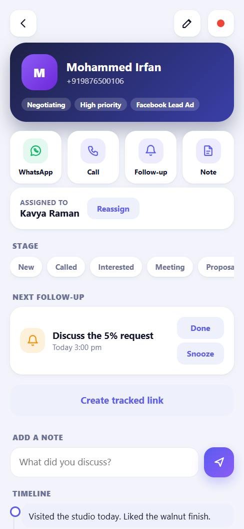 A lead with WhatsApp, Call, Follow-up and Note buttons, stages and timeline