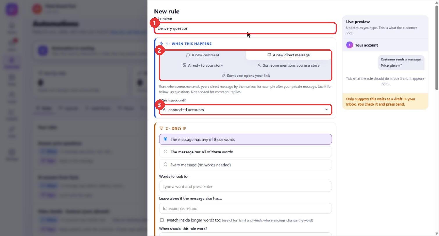 Start a rule for direct messages