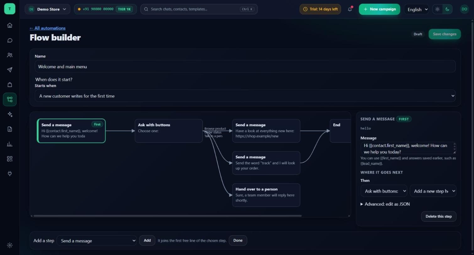 Visual flow builder with a welcome message, a button menu and three branches