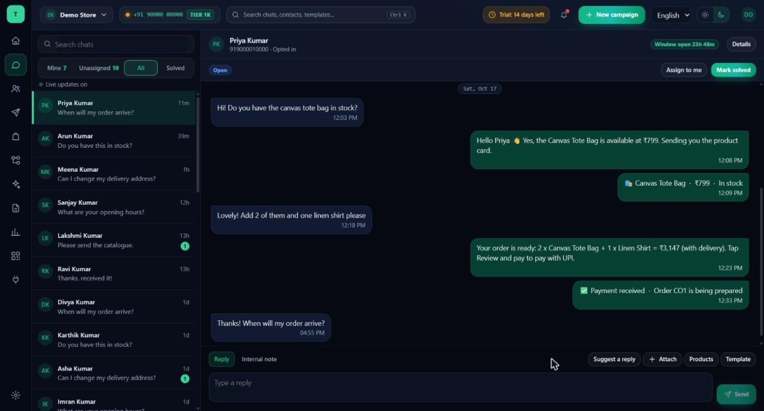 The shared inbox with a full conversation, product card and payment confirmation