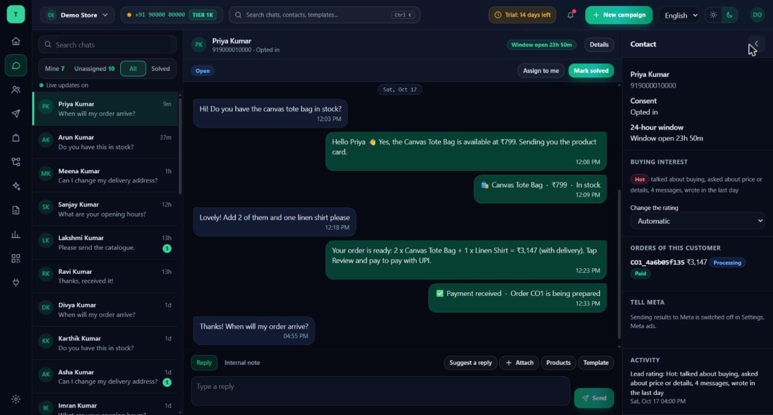 Threadline Chat inbox: a customer conversation with the buying-interest rating and the customer's orders beside it